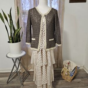 Chic Brown Crochet Cardigan with Cream Accents